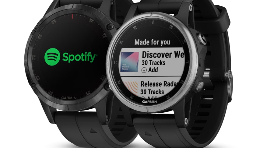 Garmin® presenterer integrasjon med Spotify. Lytt til musikk offline, direkte fra klokka. Først ut er fēnix® 5 Plus-serien.